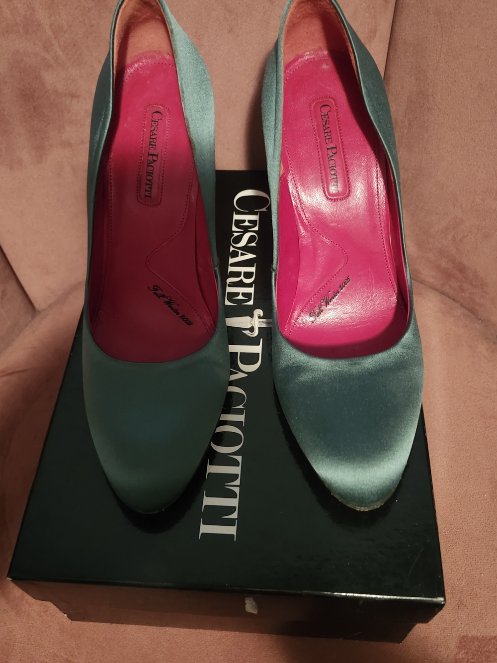 Cesare Paciotti Teal Satin Pumps with Pink Insole